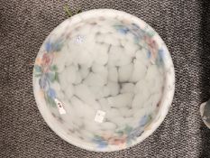 A large Art Deco opaque mottled white glass plaffonier, having hand painted pansy pattern in purple,