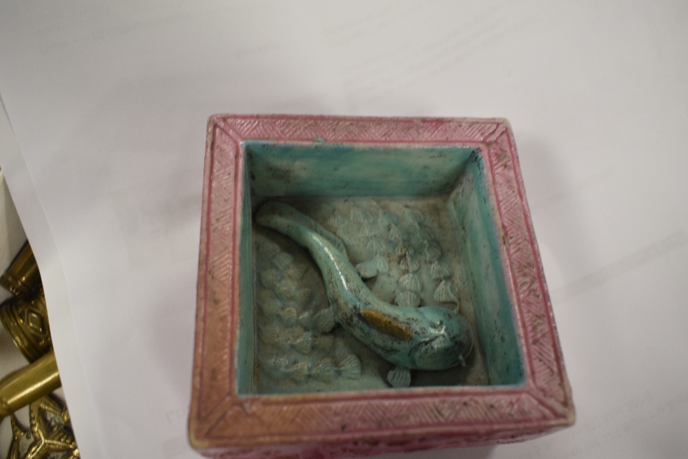 An Oriental square ceramic ashtray or trinket pot, having pink and blue ground with raised Koi - Image 7 of 7