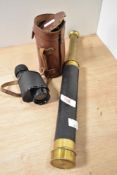 A leather clad brass telescope (Depose) and Omega monocular.