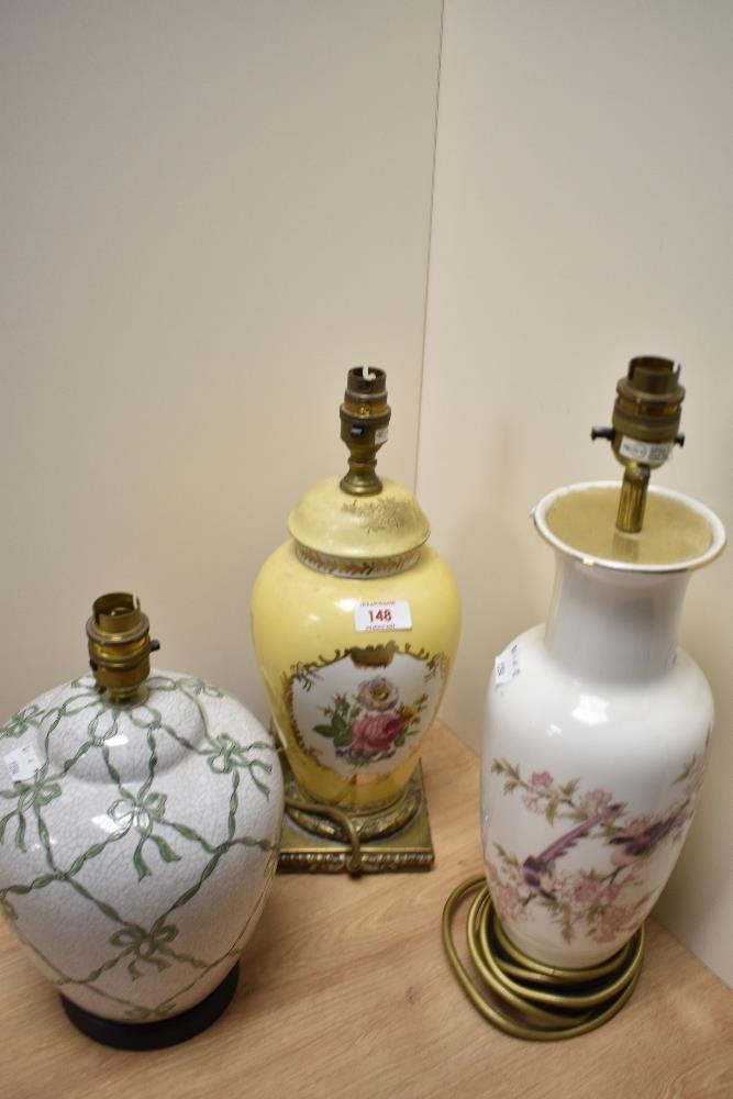 Three lamp bases, comprising yellow ceramic lamp with floral decoration, vintage crackle glazed - Image 2 of 2