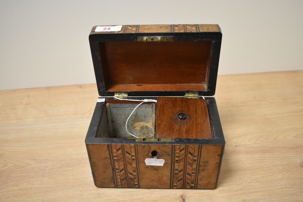 A Victorian walnut parquetry inlaid tea caddy, with double compartmented interior, key, and - Image 2 of 2