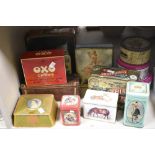 A selection of vintage advertising tins, including OXO and Quality street.