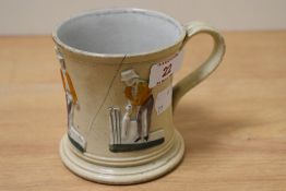 A mid-Victorian Staffordshire mug, c.1840, of cricket interest, having applied relief moulded