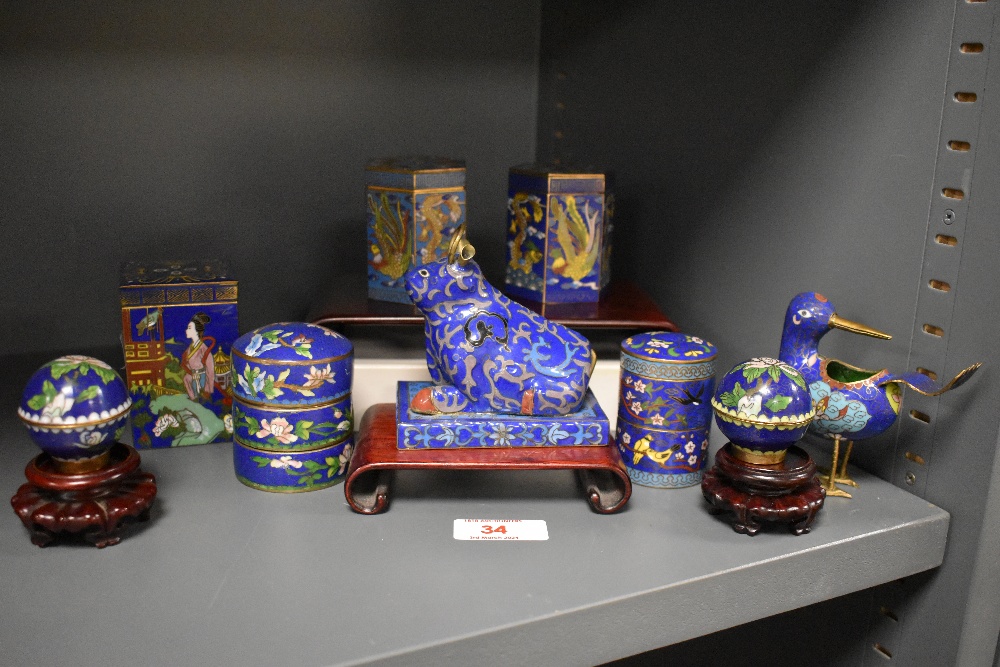 An assorted collection of Chinese cloisonne enamelled ware, to include ox, spherical trinket