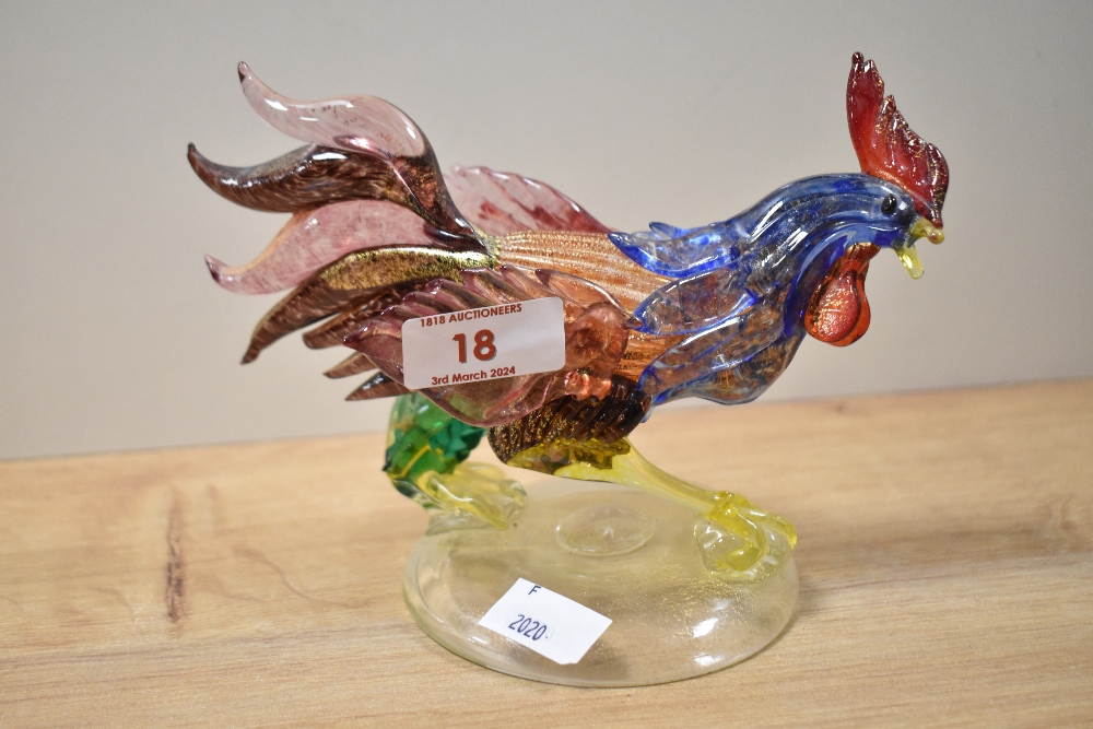 A mid-20th Century art glass cockerel ornament, possibly Murano, measuring 13cm tall