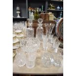 Two cut glass decanters, four Webb tumblers, a fruit bowl, vases etc.
