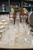 Two cut glass decanters, four Webb tumblers, a fruit bowl, vases etc.