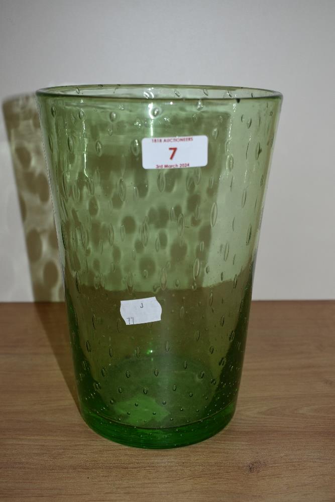 A Whitefriars green glass bubble vase, designed by William Wilson (20th Century, of tapering form,