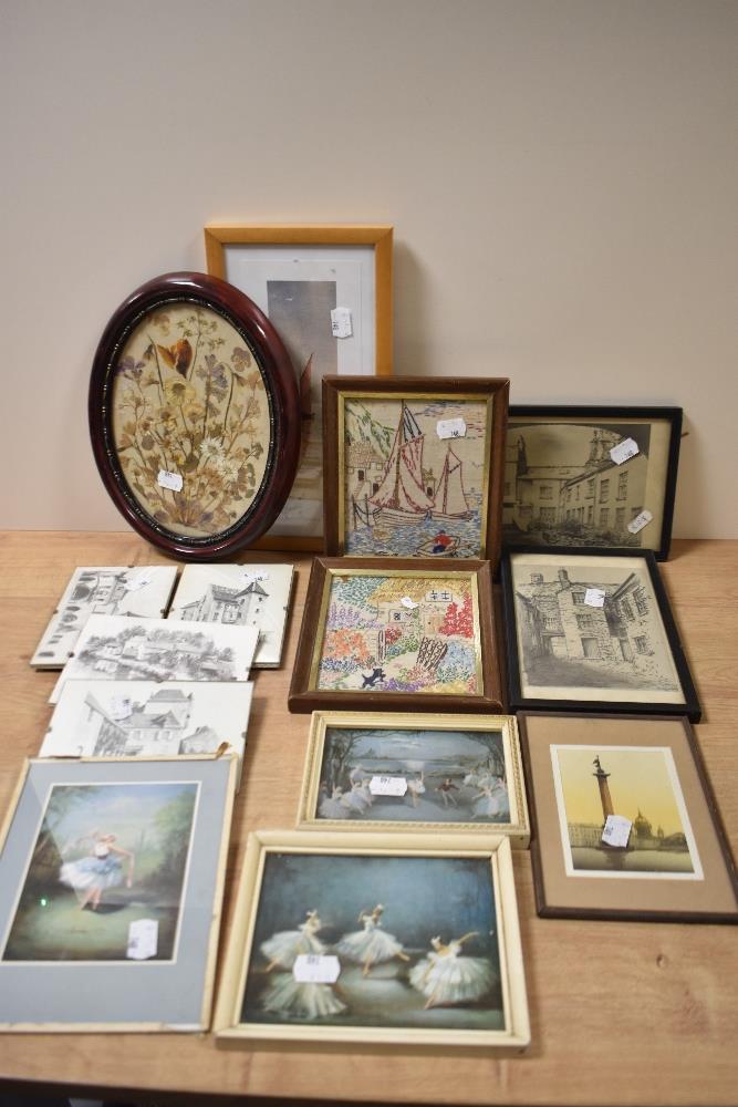 A selection of framed and glazed needlework pictures, prints and pressed floral displays.