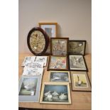 A selection of framed and glazed needlework pictures, prints and pressed floral displays.