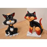 Two Lorna Bailey hand-decorated and stylised cat figures, each with signature to underside 14cm &