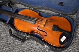 A traditional violin having 14 inch two piece back, with hard case