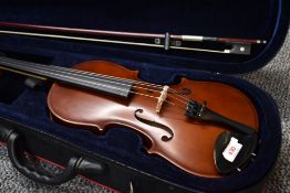 A modern violin having 13inch one piece back, with bow and case