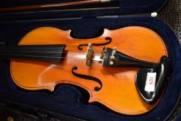 A modern violin having 13inch two piece back, with bow and case