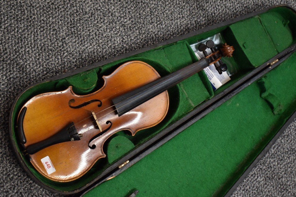 A traditional violin having 13 inch two piece back, with hard case