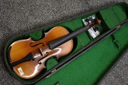 A traditional violin having 13 inch two piece back, with hard case