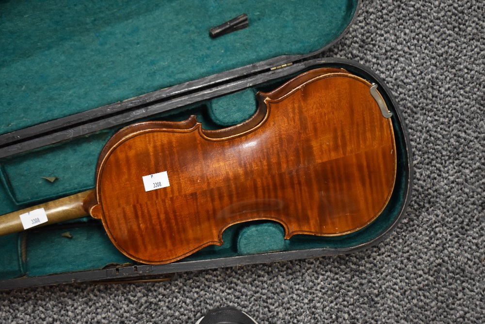 A traditional violin having 13 inch two piece back, with hard case, with printed label J G - Image 2 of 3