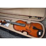 A modern violin, labelled Max Bruch Stradivarius copy, with case and bow