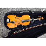 A modern violin having two piece 13inch back , with bow and case