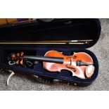 A modern violin having 13inch one piece back with fitted case and bow