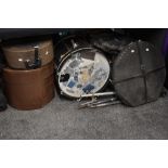 A selection of vintage Premier drums, in grey marbled finish, and various cymbals, stands etc