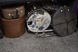 A selection of vintage Premier drums, in grey marbled finish, and various cymbals, stands etc