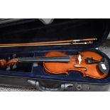 A modern violin having two piece 13inch back , with bow and case