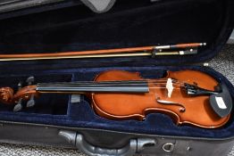 A modern violin having two piece 13inch back , with bow and case