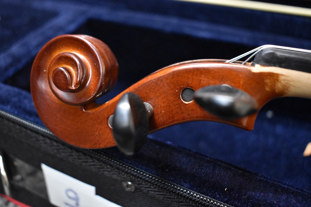 A modern violin having 13inch one piece back, with bow and case - Image 4 of 4