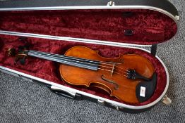 A modern violin having 4inch one piece back , unlabelled, with Hiscox fitted case