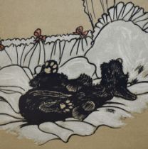 20th Century School, coloured print, A Scottie dog playing in a cot, framed, mounted, and under
