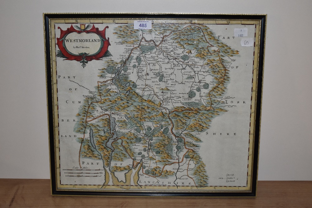 After Robert Morden (1650-1703, British), coloured print, A map of Westmorland, with hand coloured - Image 2 of 3