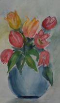 Agnese (20th Century), watercolours, Two still life arrangements depicting colourful flowers,