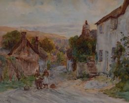 Tom Clough (1867-1943, British), watercolour, Two figures with baskets on a country lane, signed