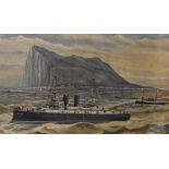 20th Century School, oil on canvas, Battleships off Gibraltar, a naive maritime study, measuring
