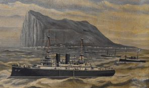 20th Century School, oil on canvas, Battleships off Gibraltar, a naive maritime study, measuring