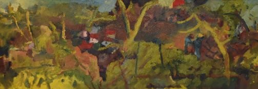 20th Century School, oil on canvas, An abstract landscape with figures amongst greenery, framed,