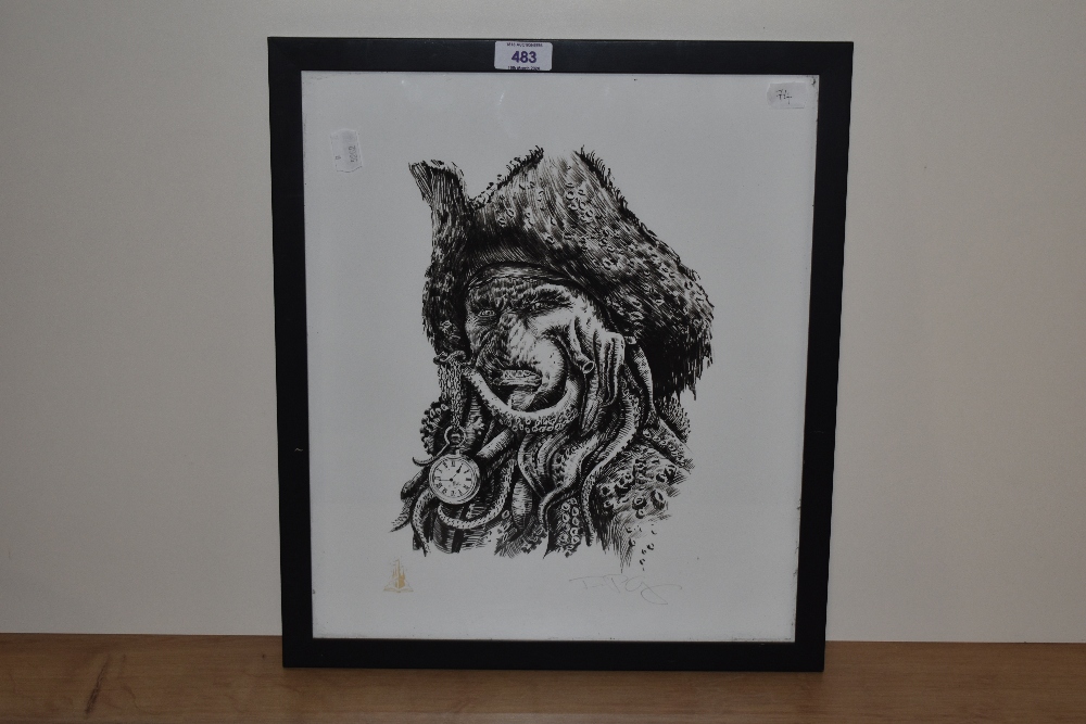 Contemporary, monochrome print, Davy Jones from The Pirates of the Caribbean, after a pen wash - Image 2 of 4