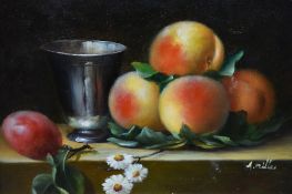 A.Miller (20th Century), oil on board, A still life arrangement depicting peaches and daisies within