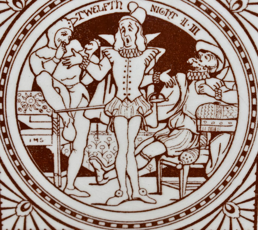 Five Victorian Minton porcelain tiles, depicting John Moyr Smith's Shakespear Series, all within mo