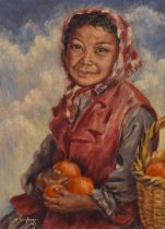 20th Century Continental School, oil on canvas, Portrait of a young fruit seller, signed