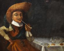 19th Century Dutch School, oil on board, A naive portrait of a gentleman smoking a pipe, measuring