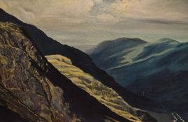 20th Century British School, oil on canvas, An imposing mountain pass, signed indistinctly to the