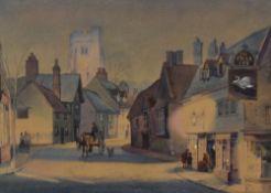 19th/20th Century, watercolour and gouache, A sunlit street scene, possibly Kersey in Suffolk,