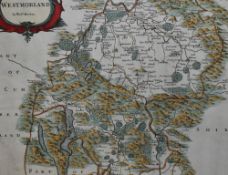 After Robert Morden (1650-1703, British), coloured print, A map of Westmorland, with hand coloured