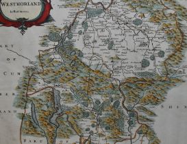 After Robert Morden (1650-1703, British), coloured print, A map of Westmorland, with hand coloured