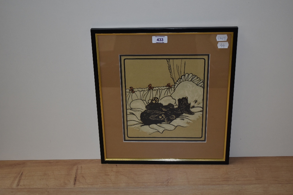 20th Century School, coloured print, A Scottie dog playing in a cot, framed, mounted, and under - Image 2 of 3