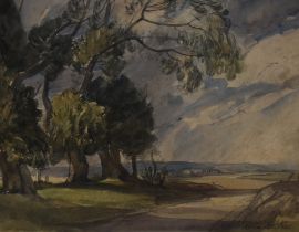 Robin Wallace (1897-1952, British), watercolour, A landscape with trees and fields, signed to the
