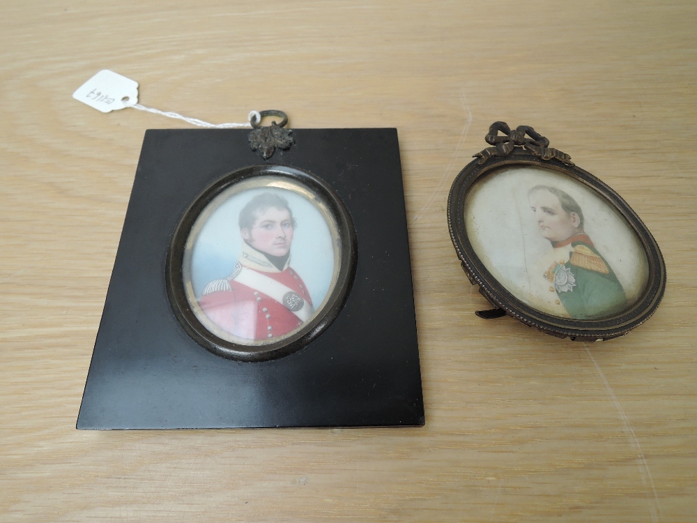 Two miniature framed paintings on thin sliver of ivory with card backing, Napoleon, colour, in