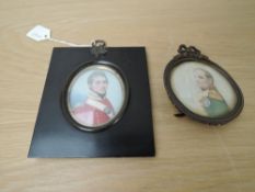Two miniature framed paintings on thin sliver of ivory with card backing, Napoleon, colour, in